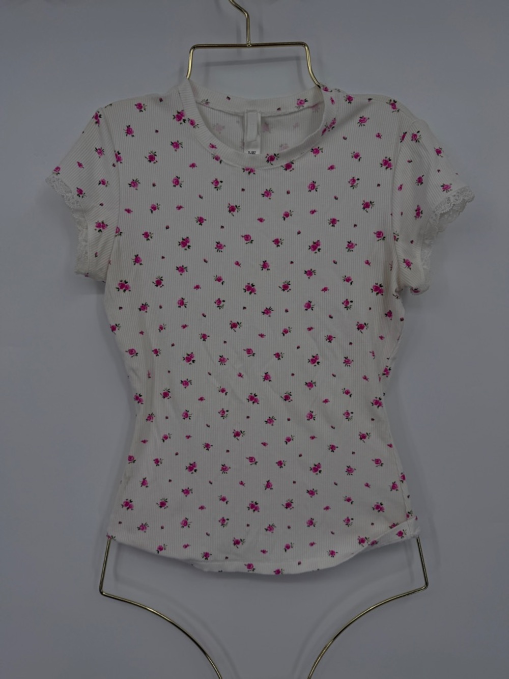 SKIMS Floral Ribbed Baby Tee Lace Trim Soft Lounge Top XS